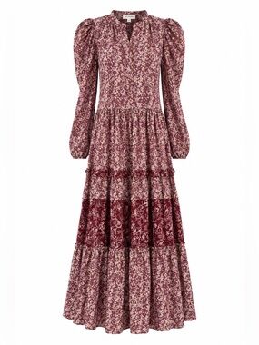 EN SAISON Dress Metallic Ditsy Floral Tiered Midi Maxi Fall Peasant